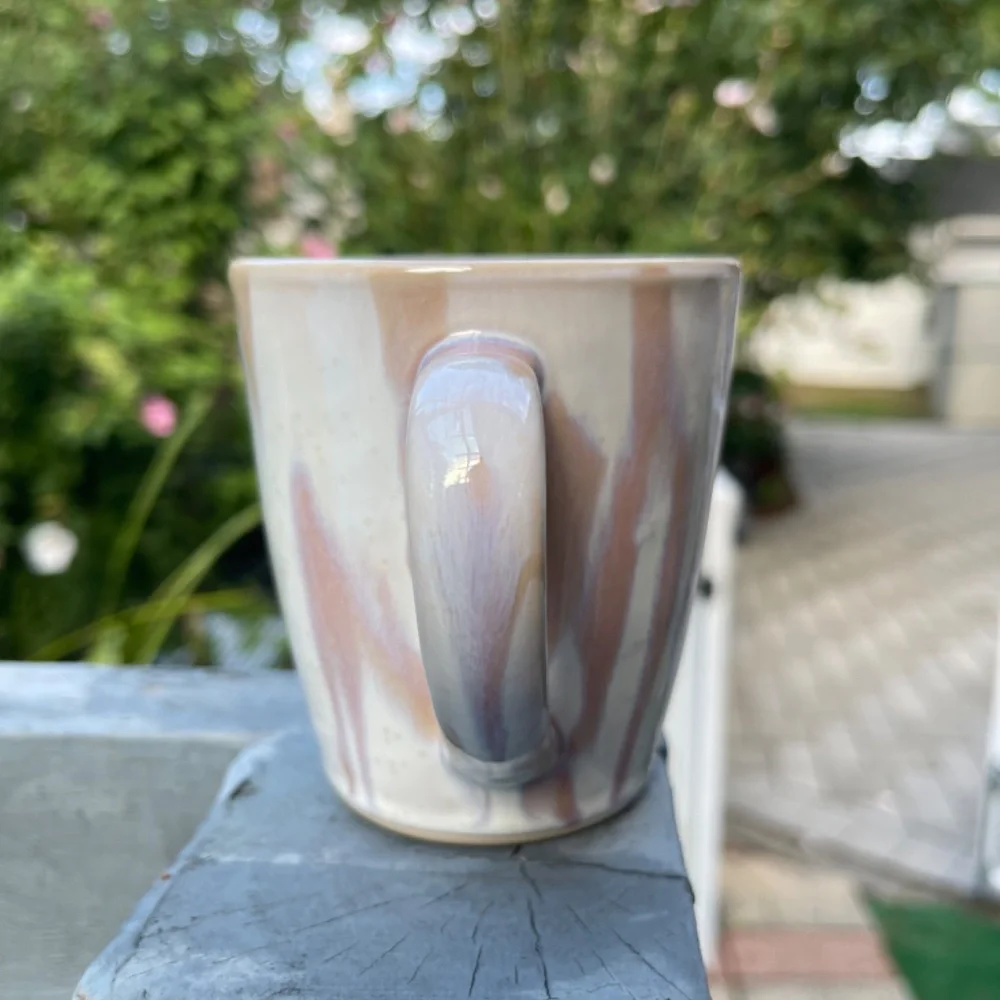 New Crate & Barrel white mug with pink, purple, orange tie dye/watercolor